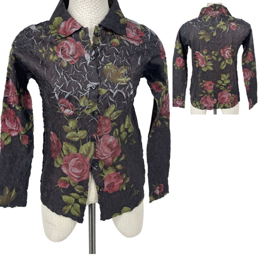 Tania Nardi waffle stretch button down floral blouse